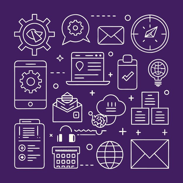 Iconos de línea blanca en fondo púrpura configuración del sitio web correo teléfono lista de comprobación globo portátil nube de ideas
