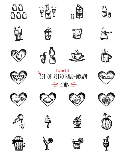 Iconos de línea de boceto dibujado a mano de alimentos Frutas y bebidas