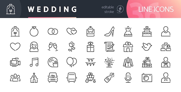 Iconos de la línea de bodas con trazo editable