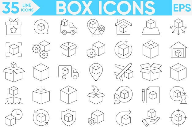 Iconos de línea de caja Cajas de entrega de paquetes Caja de carga Iconos delineados con entrega de cajas de paquetes y así sucesivamente Conjunto de vectores e ilustradores