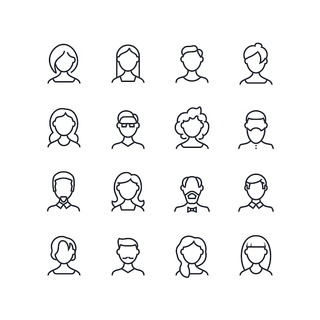 Vector iconos de línea de cara de mujer y hombre. símbolos de contorno de perfil masculino femenino con diferentes peinados. vector personas avatares aislados
