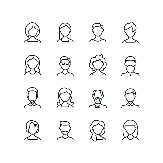 Iconos de línea de cara de mujer y hombre. símbolos de contorno de perfil masculino femenino con diferentes peinados. vector personas avatares aislados