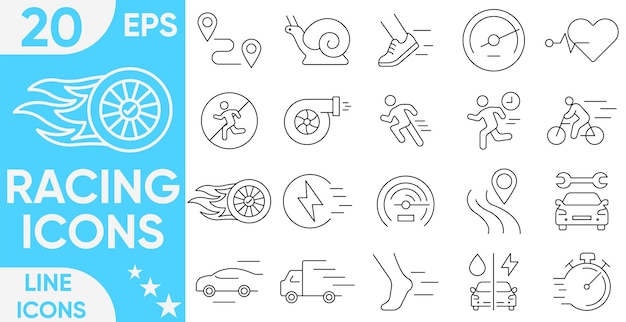 Iconos de la línea de carreras relacionados con la velocidad Colección de iconos linealesElementos de iconos de deportes de carreras Contiene iconos de cinta de correr y cronómetro de temporizador de la linea de meta de la carrera de corredores