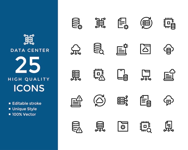 Iconos de línea de centro de datos Conjunto editable para servidores de almacenamiento en red en la nube