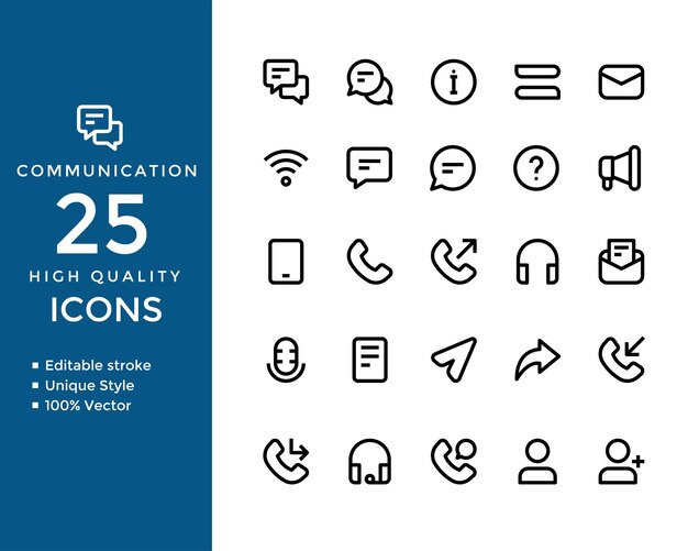 Iconos de línea de chat y comunicación Conector de trazos editable Conjunto de símbolos de conversación y mensajería