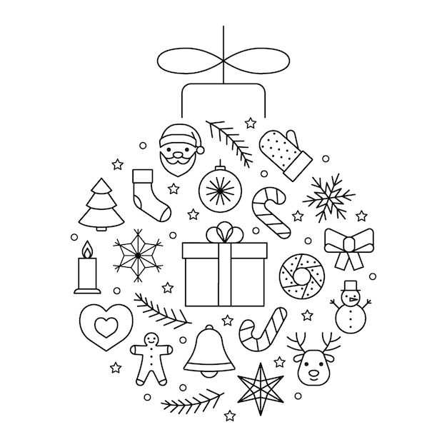 Iconos de línea círculo de bolas para navidad y año nuevo árbol de navidad juguete símbolo de contorno editable