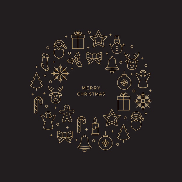 Iconos de línea de círculo de Navidad dorados fondo negro