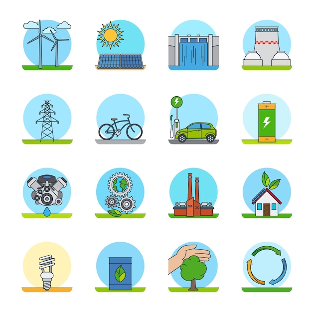 Iconos de línea de color de energía verde. tipos de energía verde o iconos de líneas de tecnologías verdes