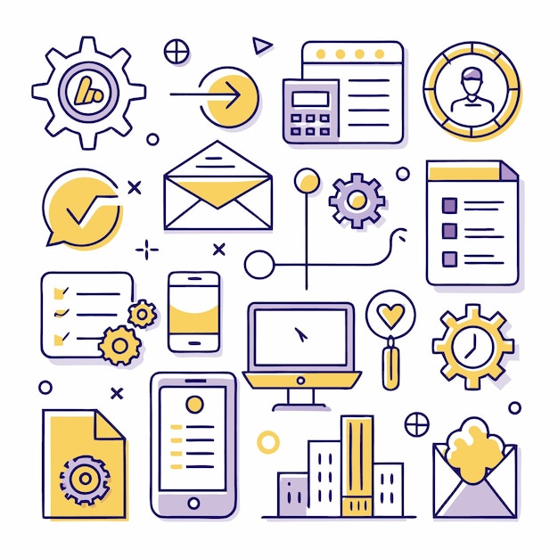 Iconos de línea coloridos con equipo de checklist de reloj de teléfono de computadora y correo