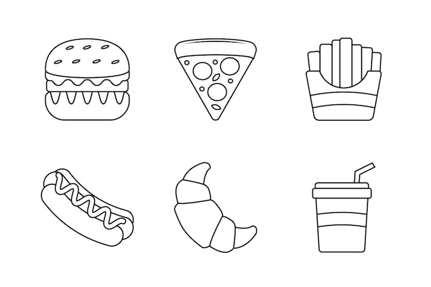 Iconos de línea de comida y bebida Set de ilustraciones de comida rápida minimalista