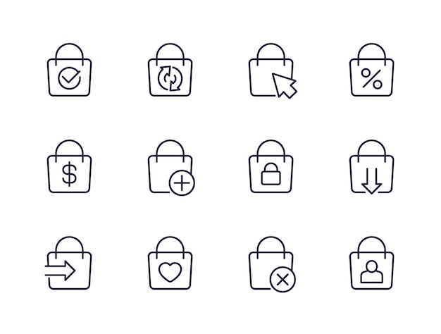 iconos de línea de compras en línea y comercio electrónico con bolsa