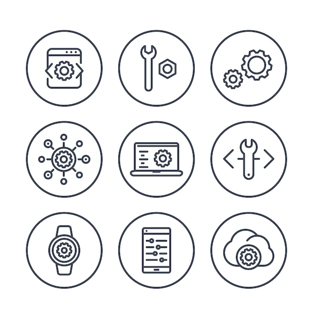Iconos de línea de configuración de ingeniería de desarrollo en círculos para aplicaciones y web