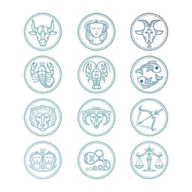 Iconos de línea conjunto de signos del zodiaco. Coloridos emblemas del horóscopo