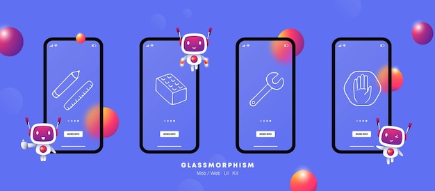 Iconos de línea de construcción Ladrillos clave señal de parada marcado lápiz regla plano Glassmorphism UI pantallas de aplicaciones de teléfono Icones de línea vectorial para negocios