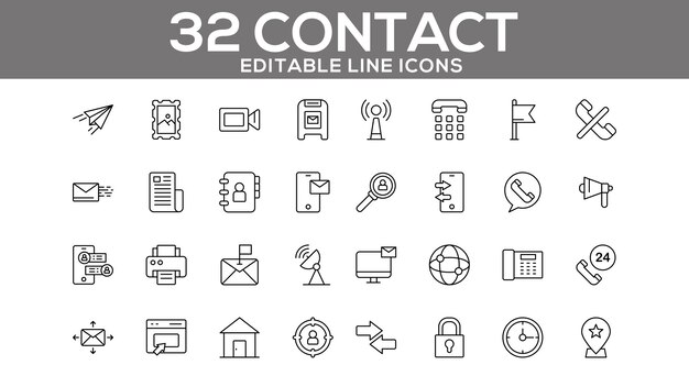 Iconos de línea de contacto Establezca iconos de comunicación y conexión editables para diseño web y de aplicaciones