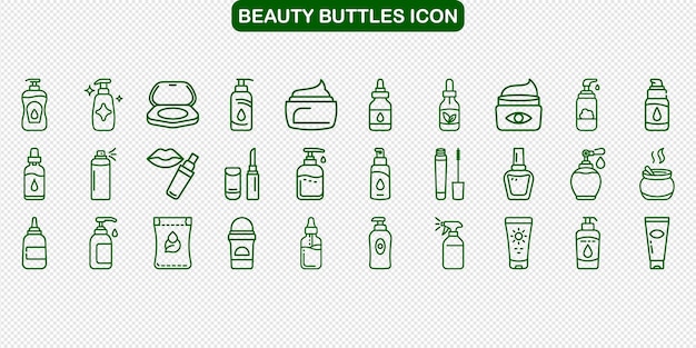 Los íconos de la línea de cosméticos verdes establecen la colección de productos de belleza en un fondo transparente