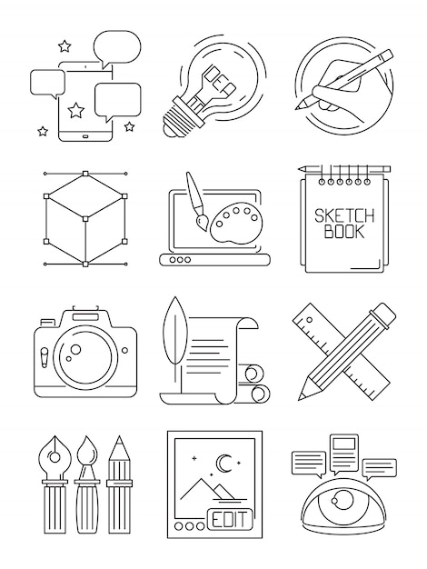 Iconos de línea creativa. Proceso de artistas marca blogging símbolos gráficos artes aisladas