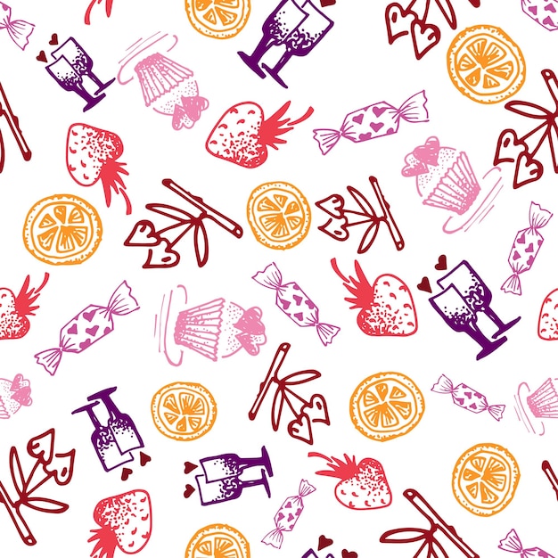 Iconos de línea de croquis dibujados a mano de alimentos de patrones sin fisuras sobre fondo blanco