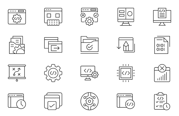 Los íconos de línea delgada del desarrollador de software incluyen el desarrollo de software.