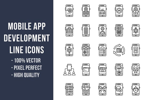 Iconos de línea de desarrollo de aplicaciones móviles