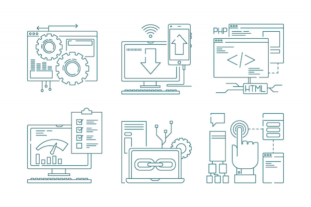 Vector iconos de línea de desarrollo web. seo diseño móvil diseño web código de proceso creativo sitio web y aplicación para fotos de teléfonos inteligentes