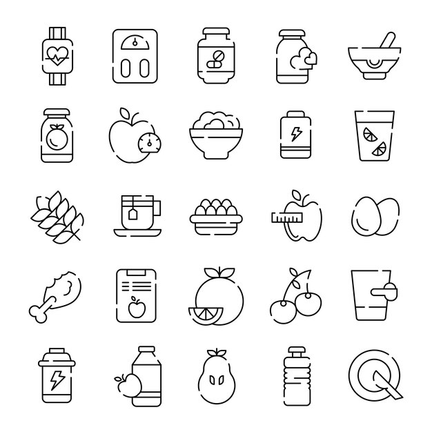 Iconos de la línea de dietas de alimentos saludables para la nutrición, el fitness y el bienestar