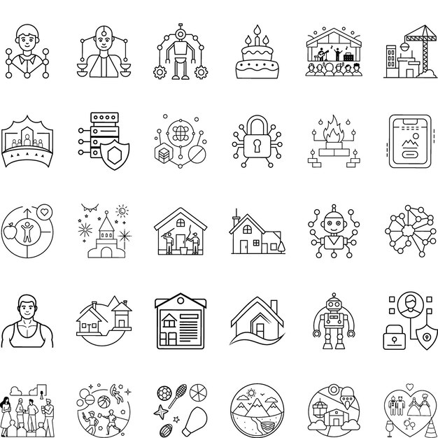 Iconos de línea diversos Robótica de red Casas Eventos y seguridad