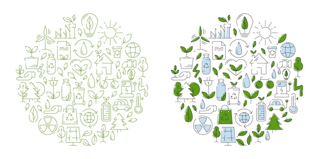 Iconos de línea de ecología diseño forma redonda Ecología mejora del medio ambiente sostenibilidad reciclaje