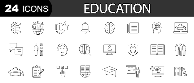Los iconos de la línea de educación establecen la ilustración del vector del libro escolar de educación