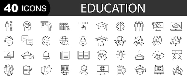 Los iconos de la línea de educación establecen la ilustración del vector del libro escolar de educación