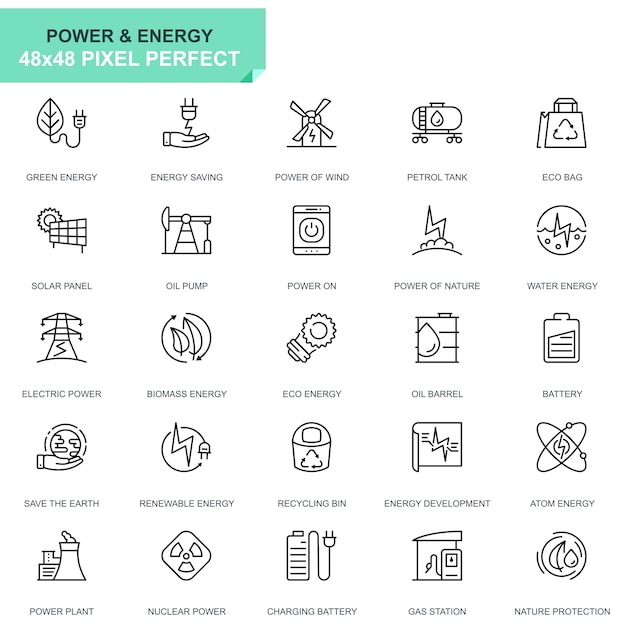 Iconos de línea de energía e industria de conjunto simple