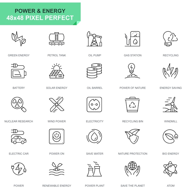 Iconos de línea de energía e industria de conjunto simple