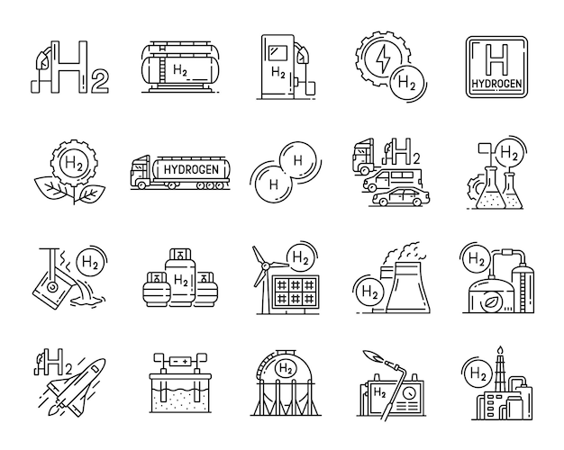 Vector iconos de línea de energía verde renovable de gas de hidrógeno