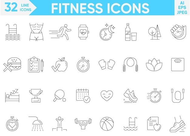 Iconos de la línea de entrenamiento de gimnasio en los iconos de la linea de gimnasia conjunto de ilustradores vectoriales