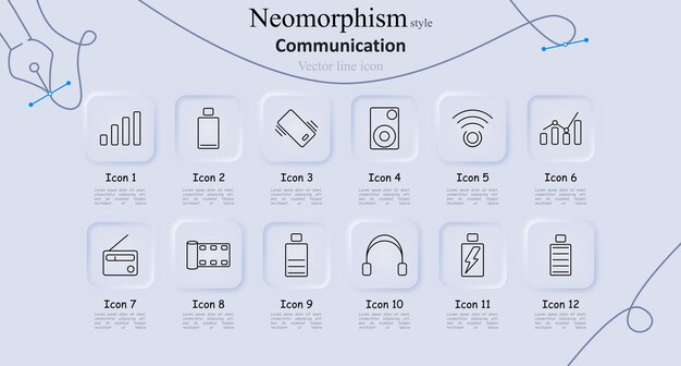 Iconos de línea de estilo neomorfismo de comunicación conjunto Barras de señal banco de energía altavoz de teléfono inteligente Wi-Fi estadísticas radio película carrete batería auriculares Conectividad digital concepto de tecnología de medios