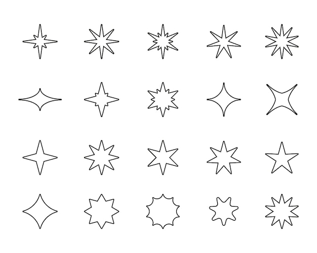 Iconos de línea de estrellas contorno volando brillantes destellos diferentes tipos de cielo de fantasía y asterismo de galaxias colección de símbolos de estrellas lineales vectoriales