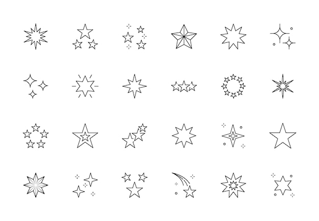 Iconos de línea de explosión de estrellas. Símbolos brillantes de brillo de fuegos artificiales de estrella fugaz. Conjunto de contorno vectorial