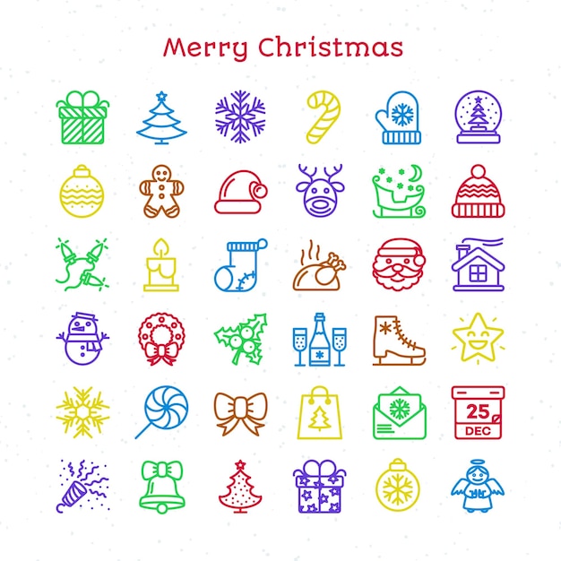 Iconos de línea de Feliz Navidad conjunto de color estilo de trazo delgado aislado en fondo blanco para su proyecto de decoración y diseño de aplicaciones Feliz Año Nuevo Feliz Fiestas Ilustración vectorial