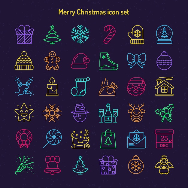 Los iconos de línea de Feliz Navidad establecen un estilo fino de color aislado en el fondo de nieve para su proyecto de diseño de aplicaciones y decoración Feliz Navidad Feliz Año Nuevo Felices vacaciones Ilustración vectorial