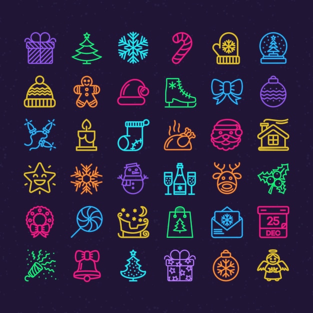 Los iconos de línea de Feliz Navidad establecen un estilo de neón fino de color aislado en el fondo de nieve para su proyecto de diseño de aplicaciones y decoración Feliz Navidad Feliz Año Nuevo Felices vacaciones Ilustración vectorial