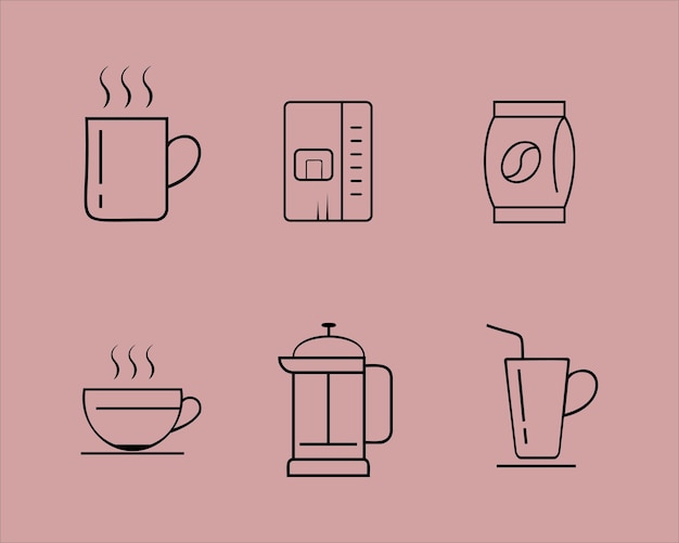 Iconos de línea fina de café y té aislados en fondo negro. Iconos de moda para sitio web, aplicación