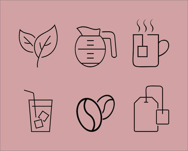 Iconos de línea fina de café y té aislados en fondo negro. Iconos de moda para sitio web, aplicación