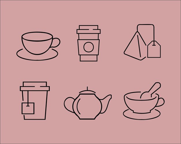 Iconos de línea fina de café y té aislados en fondo negro. Iconos de moda para sitio web, aplicación