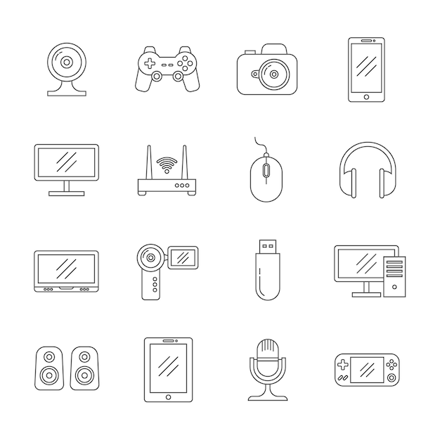 Iconos de línea fina de gadgets y tecnología informática