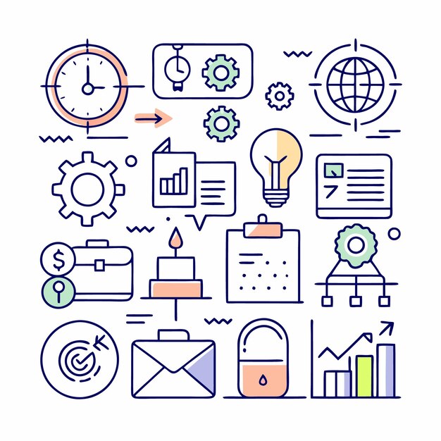 Iconos de línea del flujo de trabajo y la gestión de la estrategia de negocio