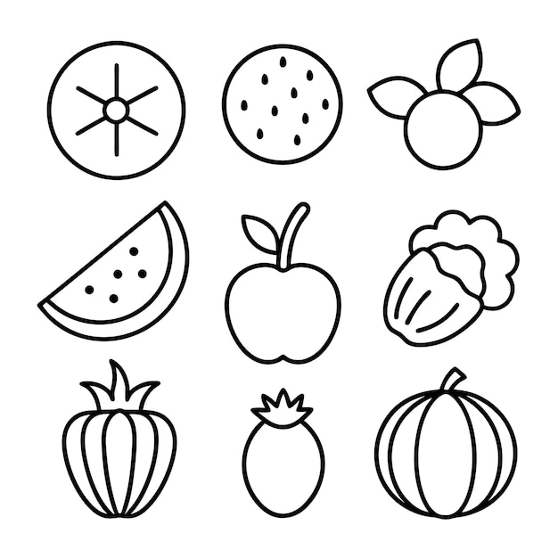 Iconos de la línea de frutas y verduras
