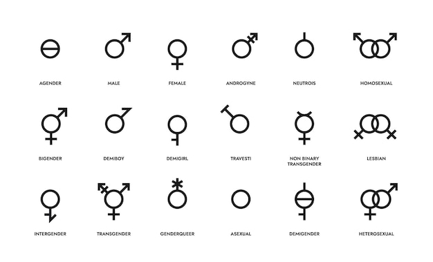 Iconos de línea de género Signo de orientación sexual Símbolos LGBT de parejas hetero y homo personas asexuales masculinas o unisex Emblemas de identidad sexual de contorno Discriminación vectorial o conjunto de marcas de tolerancia
