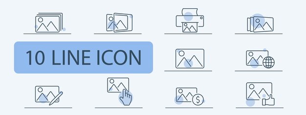 Iconos de línea de gestión de imágenes conjunto Álbum de fotos fotograma impresora galería de imágenes editar fotos favoritas fotografía contenido visual medios digitales trabajo creativo concepto de almacenamiento de imágenes