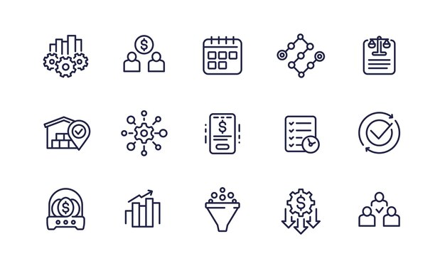 iconos de la línea de gestión de negocios en el conjunto de vectores blancos