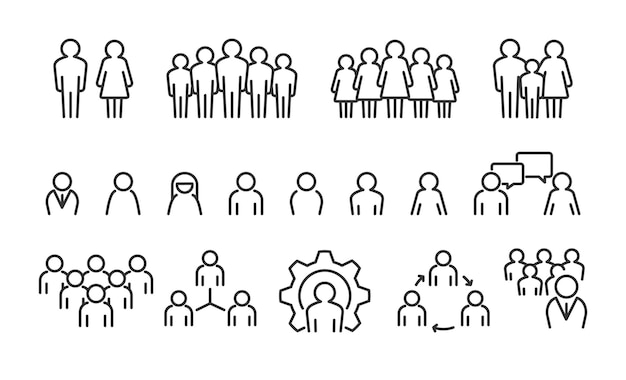 Vector iconos de línea de grupo de personas signos de perfil de usuario y avatar de grupo de personas parejas y familias aisladas maqueta de símbolos de identidad y comunicación de miembros conjunto de pictogramas gráficos de interacción social vectorial